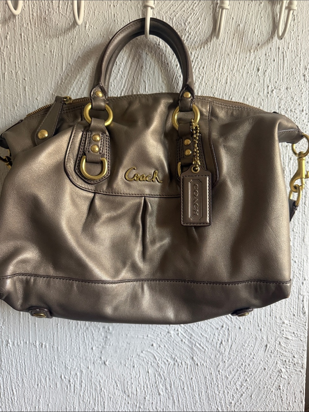 Coach Metallic Taupe Leather Satchel with Gold-Tone Hardware